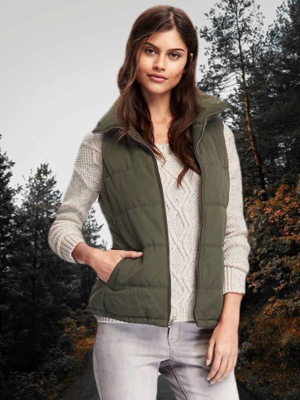 Old Navy Olive Green Puffer Vest with High Neck